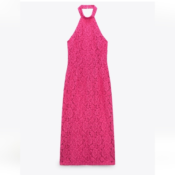 Zara * Fuchsia Pink Lace Halter Midi Dress Size S and L - Picture 14 of 16